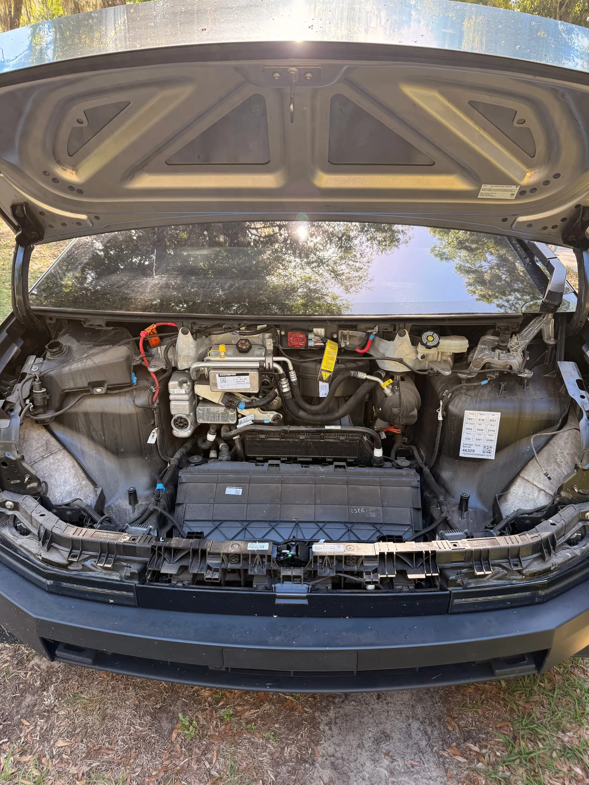 Cybertruck frunk trim removed to access the 48V power feed